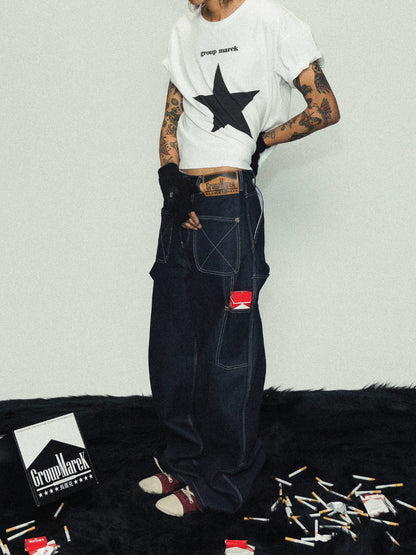 Graphic Patch Wide Leg Denim Jeans WN17219