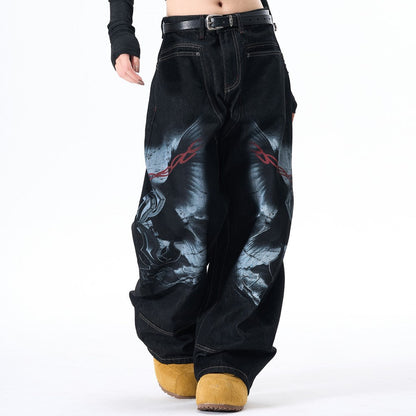 Graphic Print Wide Leg Denim Jeans WN28099