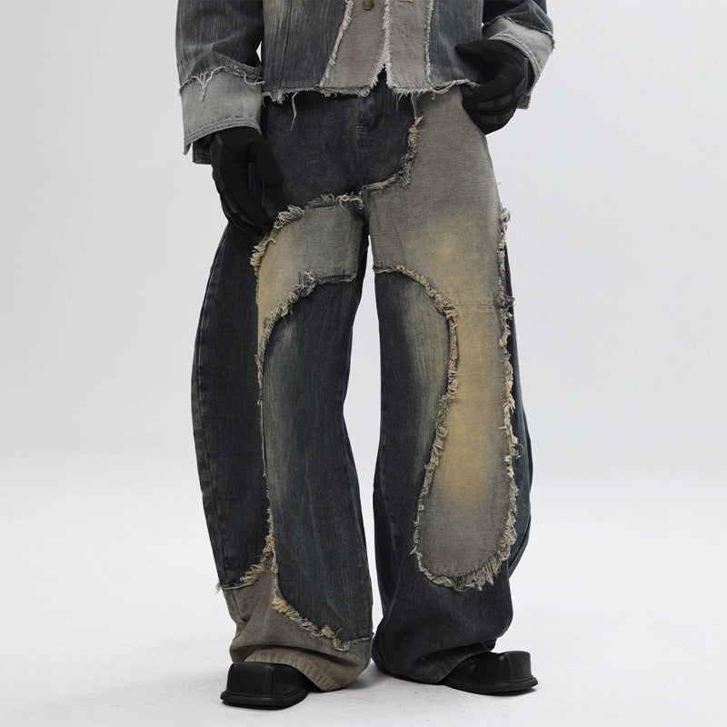 Deconstructed Patchwork Washed Denim Jacket & Damage Wide Leg Denim Jeans Setup WN18681