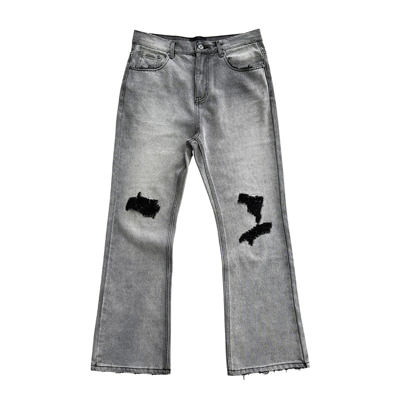 Washed Damage Micro Flare Design Denim Jeans WN17651