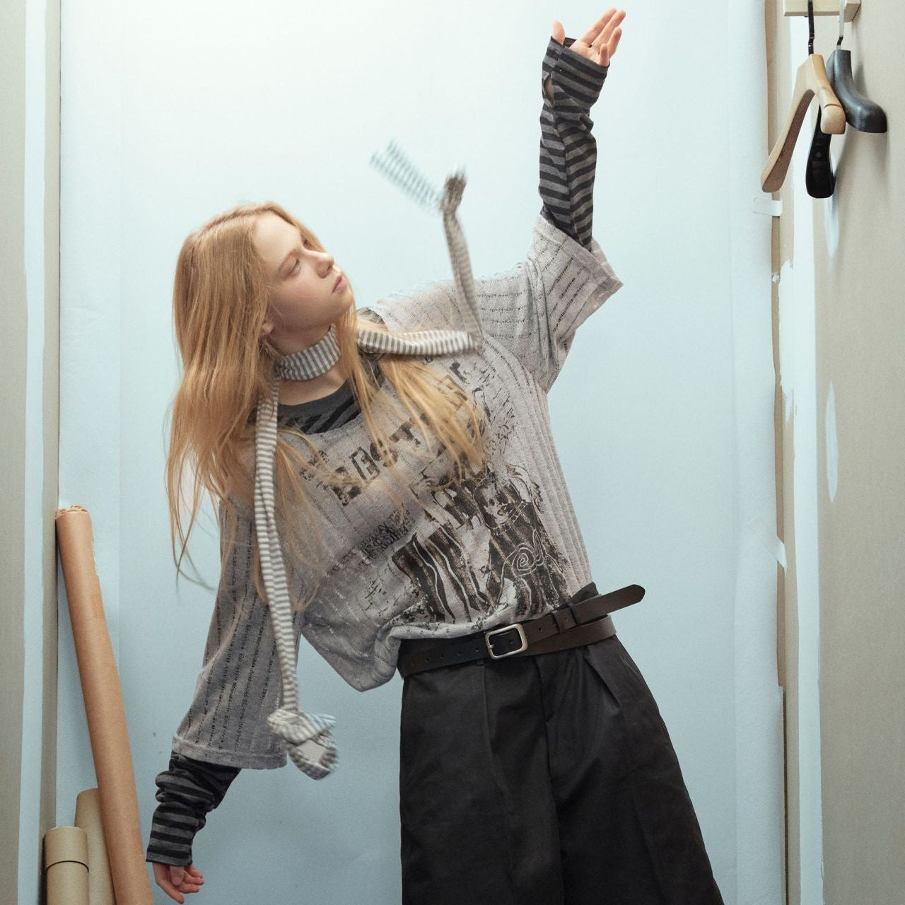 Stripe Fake Layered Graphic Long Sleeve T-Shirt WN25494