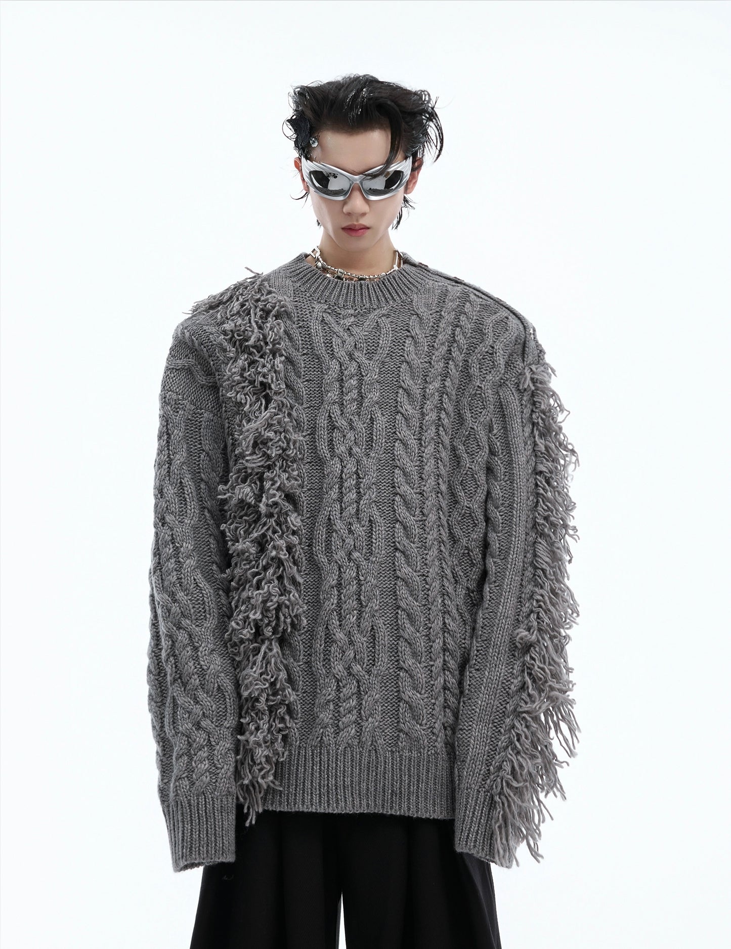 Fringe Design Metal Button Oversize Knit Sweater WN8677