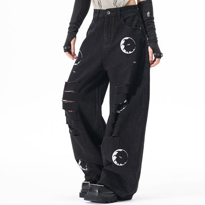 Ripped Circle Print Wide Leg Denim Jeans WN27892