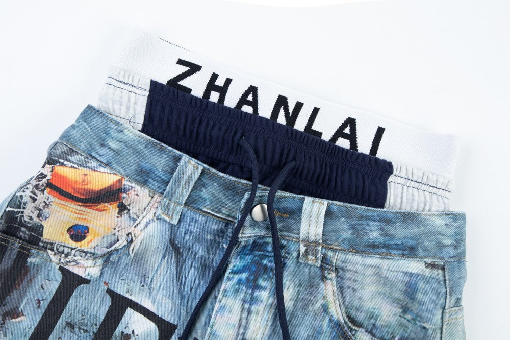 Acid Wash Fake Layered 3D Print Ripped Wide Leg Denim Jean WN27879