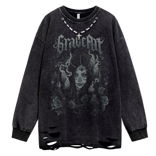 Oversize Graphic Print Damage Long Sleeve T-Shirt WN16492