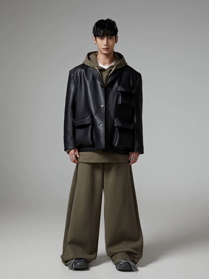 Black Notched-Collar PU Leather Tailored Jacket WN13313