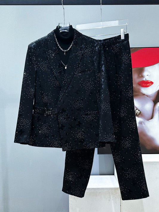 Rhinestone Star Butterfly Jacquard Tailored Jacket & Trousers Setup WN23905