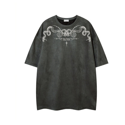 Python Print Suede Letter Print Short Sleeve T-Shirt WN25588