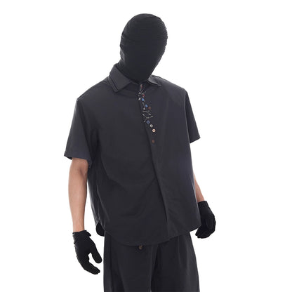 Double Collar Pin Decor Shoulder-Pad Short Sleeve Shirt & Ttrousers Setup WN18621