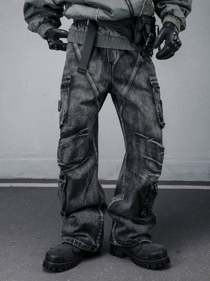 Multi Pocket Wash Damage Denim Jeans WN22308