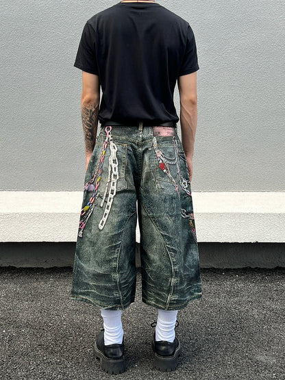 Digital Print Washed Wide Leg Half Denim Jeans WN19520