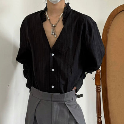 Pleats Lace V-Neck Elegant Long Sleeve Shirt WN19992