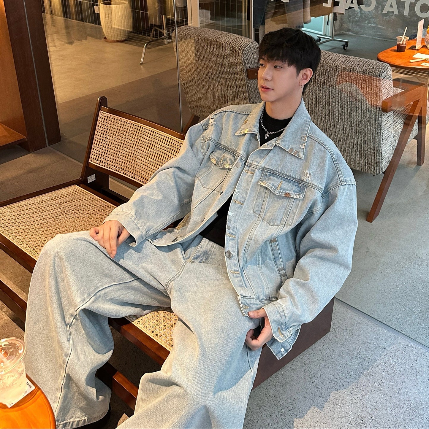 Metal Buckle Damage Denim Jacket & Wide Leg Denim Jeans Setup WN25271