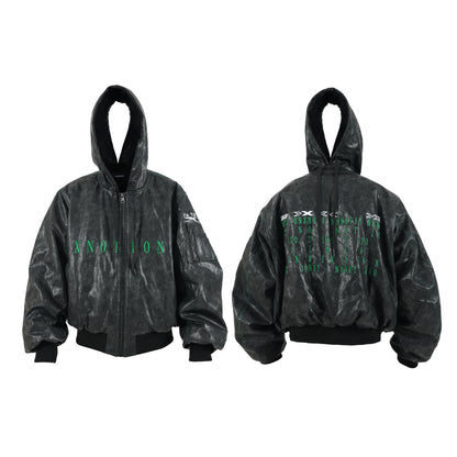 Cracked PU Leather Oversize Hooded Puffer Jacket WN17212