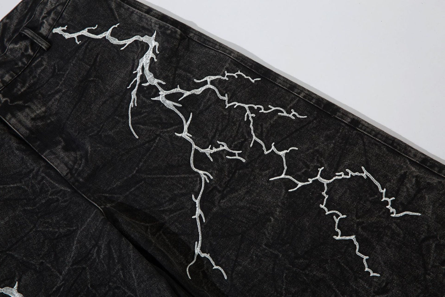 Washed Flare Lightning Embroidery Wide-Leg Denim Jeans WN12663