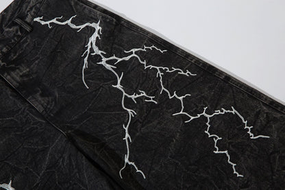 Washed Flare Lightning Embroidery Wide-Leg Denim Jeans WN12663