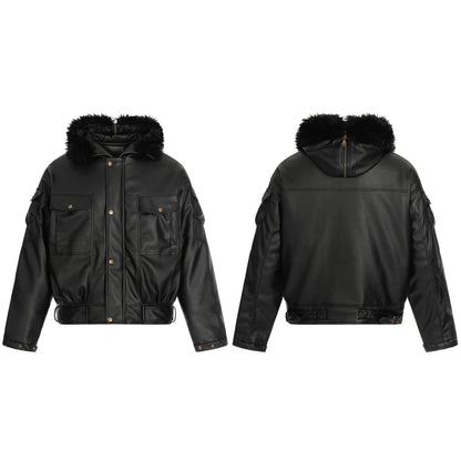 Hooded Fake Fur Collar PU Leather Jacket WN21885