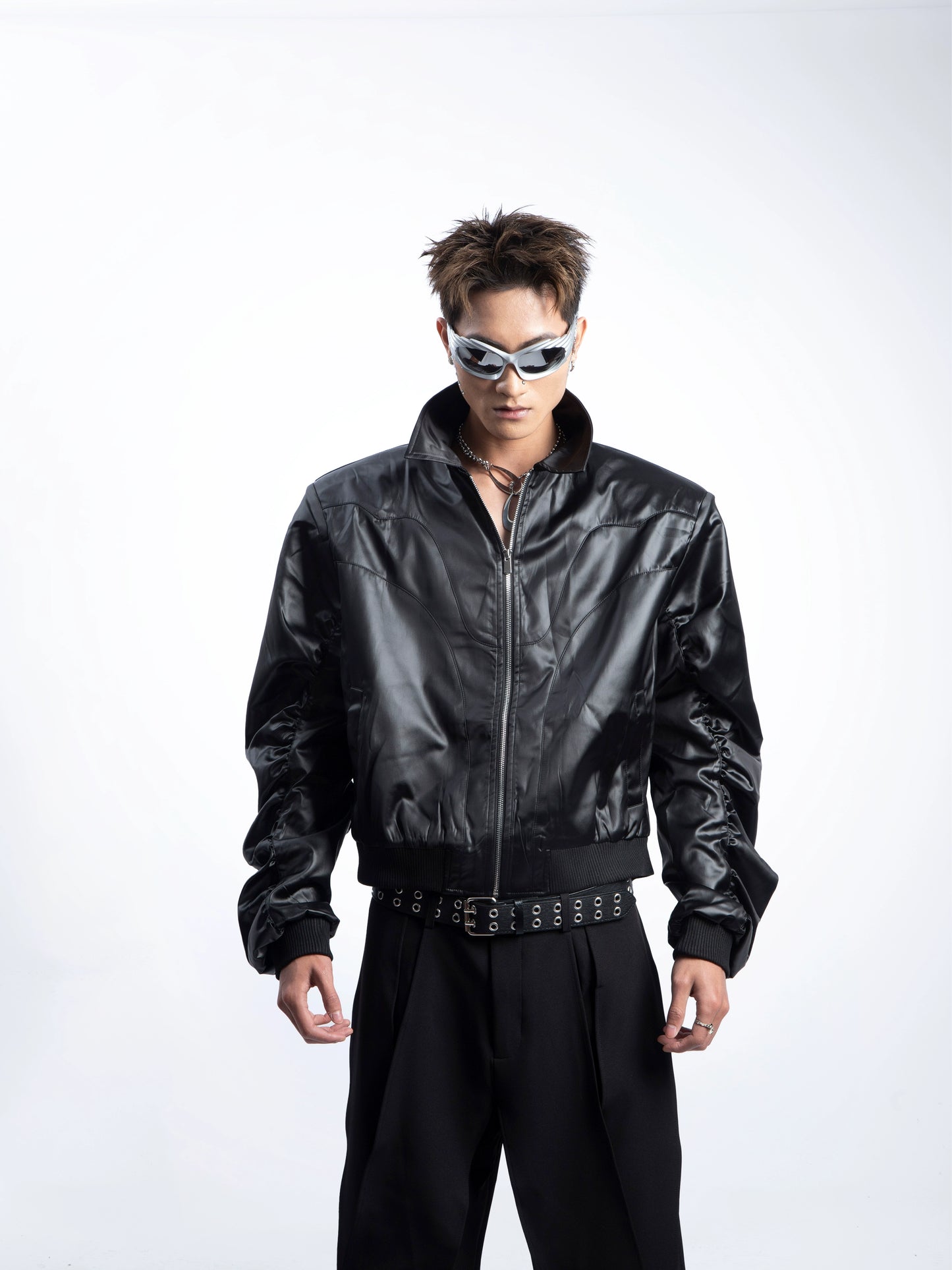 Glossy PU Leather Shoulder-Pad Jacket WN20635