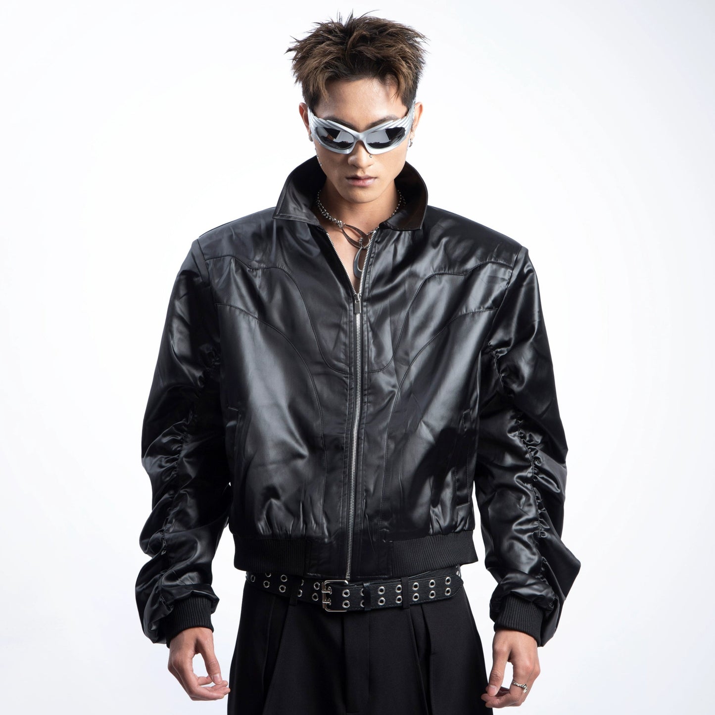 Glossy PU Leather Shoulder-Pad Jacket WN20635