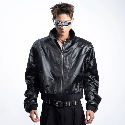 Glossy PU Leather Shoulder-Pad Jacket WN20635