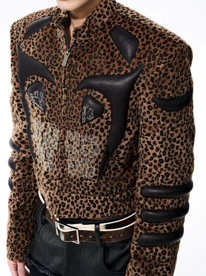 Leopard Rhinestone Mix PU Leather Short Zipper Jacket WN21767