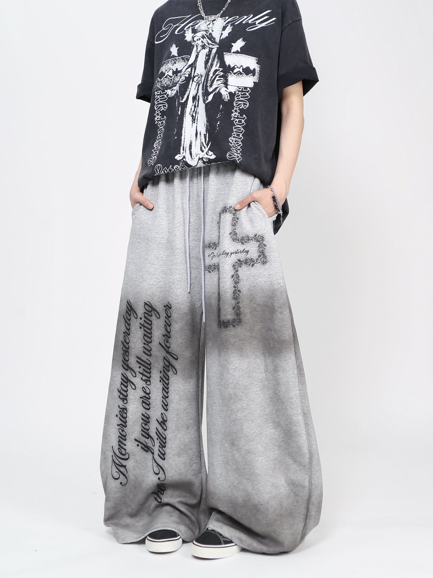 Cross Letter Print Washed Wide Leg Sporty Pants WN24483