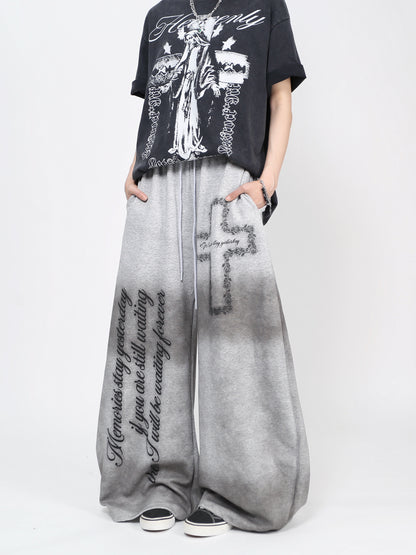 Cross Letter Print Washed Wide Leg Sporty Pants WN24483