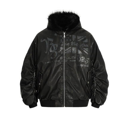 Graphic Print Fake Fur Collar PU Leather Zipper Jacket WN21888