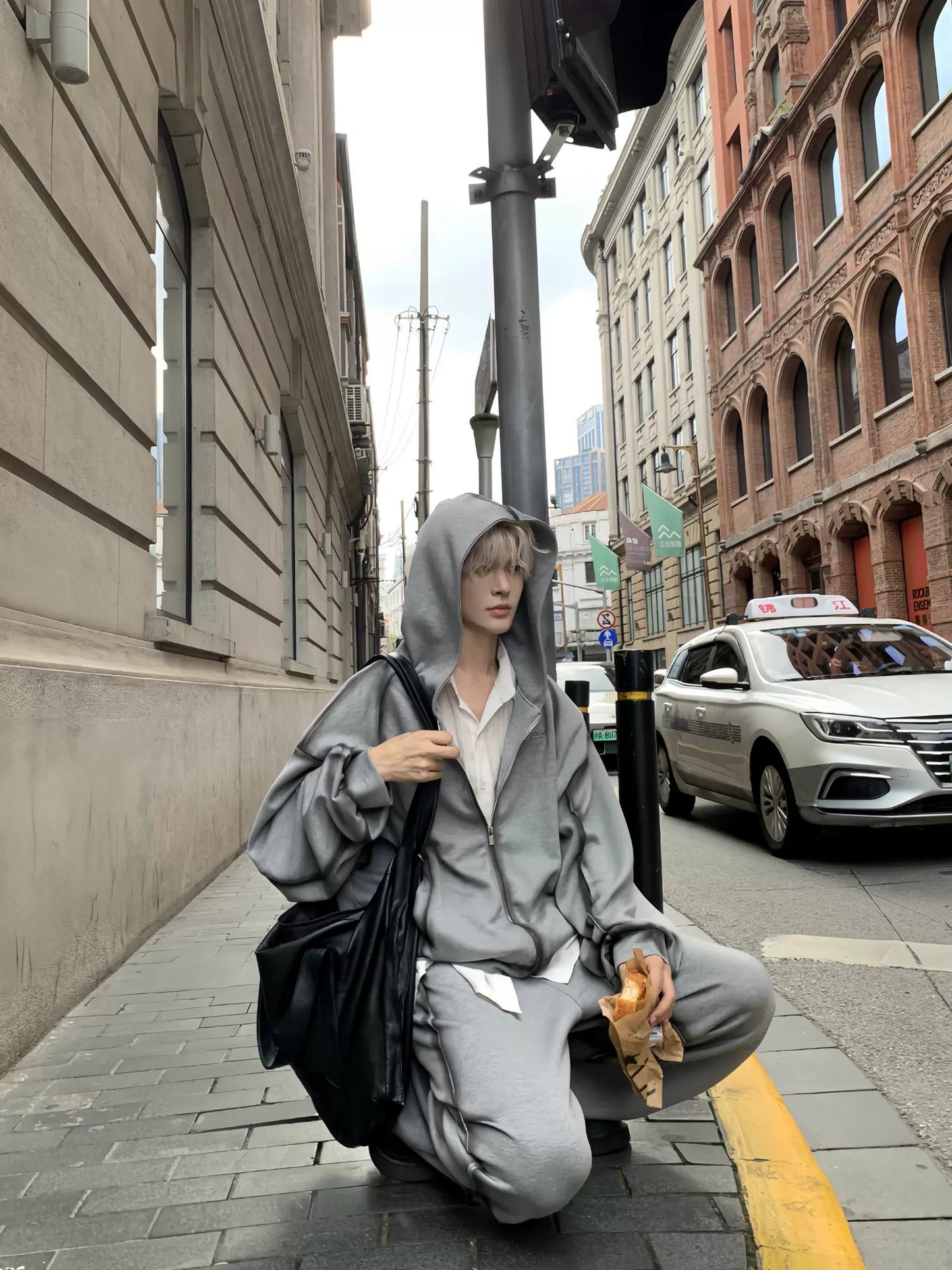 Wrinkle Design Zipper Hoodie & Wide Leg Pants Setup WN19905