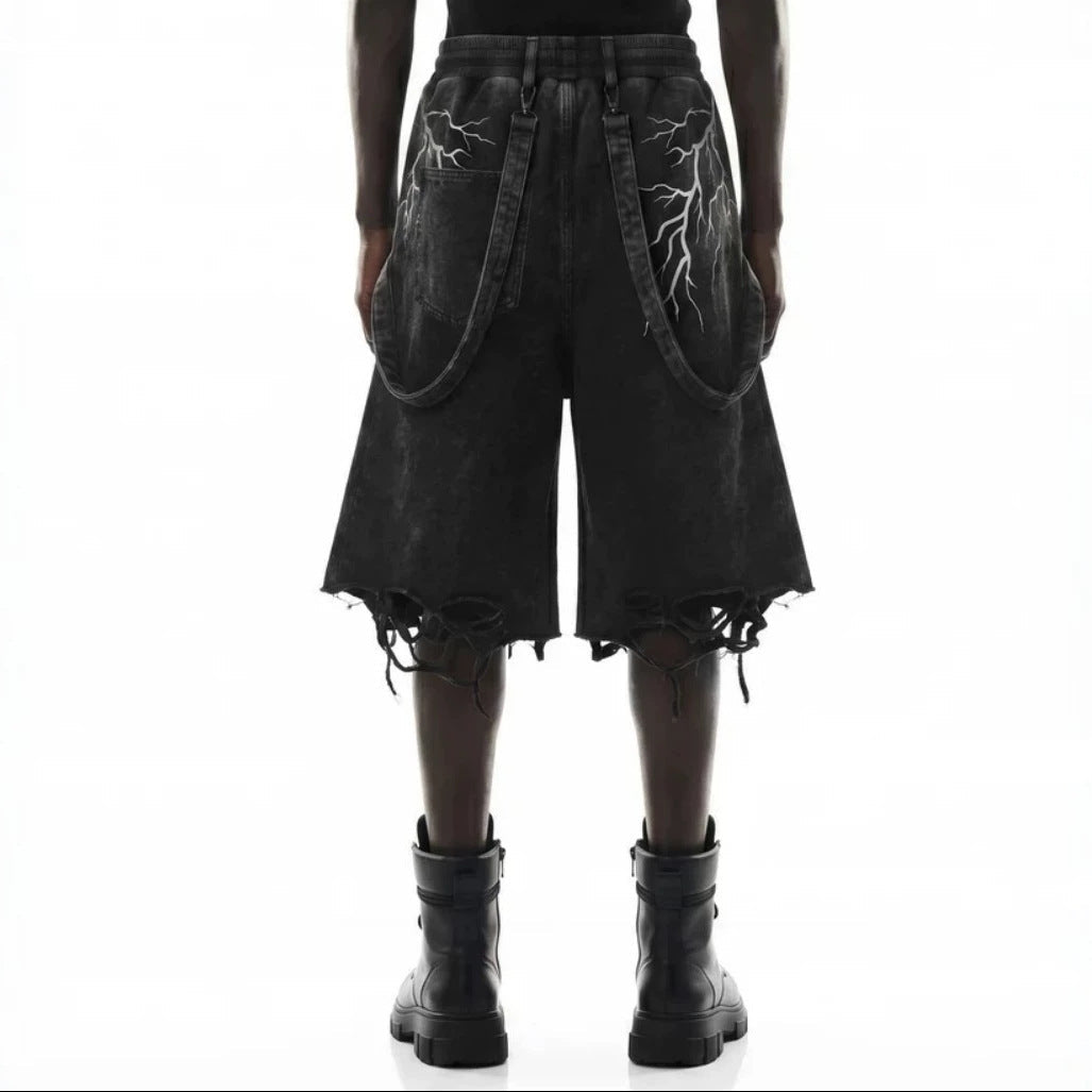 Lightning Print Damage Frayed Denim Half Jeans WN28046