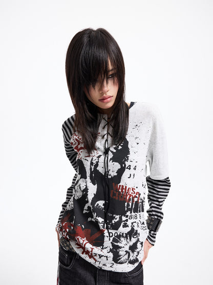 Fake Layered Raglan Sleeve Graffiti Print Long Sleeve T-Shirt WN27365