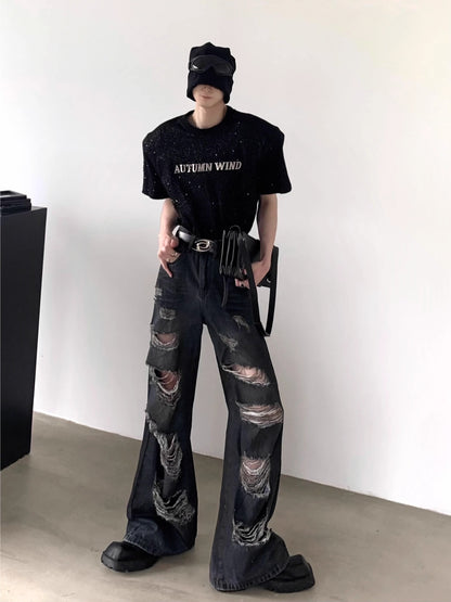 Washed Damage Wide-Leg Straight Denim Jeans WN7054