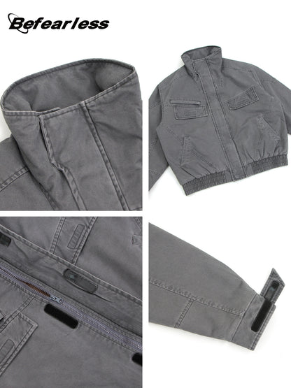 Heavyweight Washed Zip-Up Stand Neck Workwear Jacket WN26332