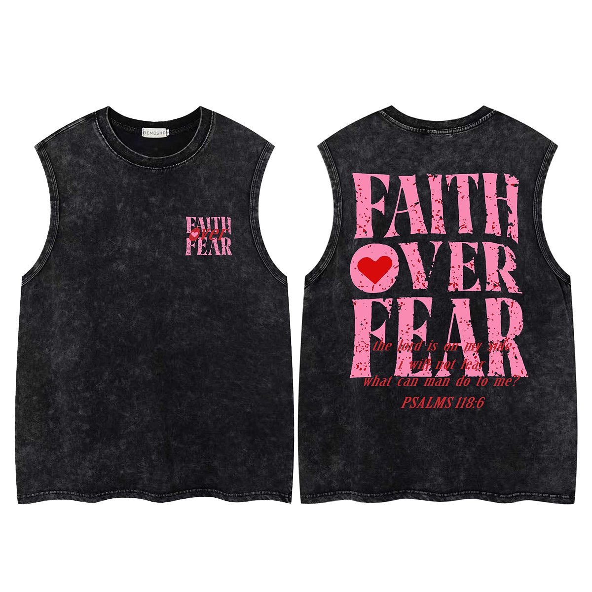 Washed Damage Letter Heart Print Oversize Sleeveless T-Shirt WN26852