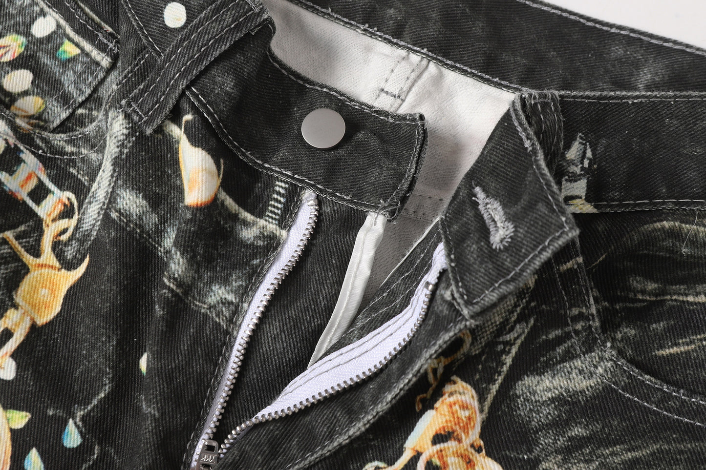 Chain Paint  3D Print Washed Wide Leg Denim Jeans WN25475
