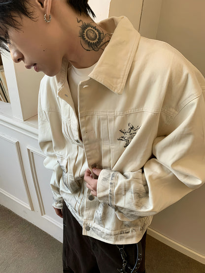 Washed Portrait Print Denim Short Jacket WN22240