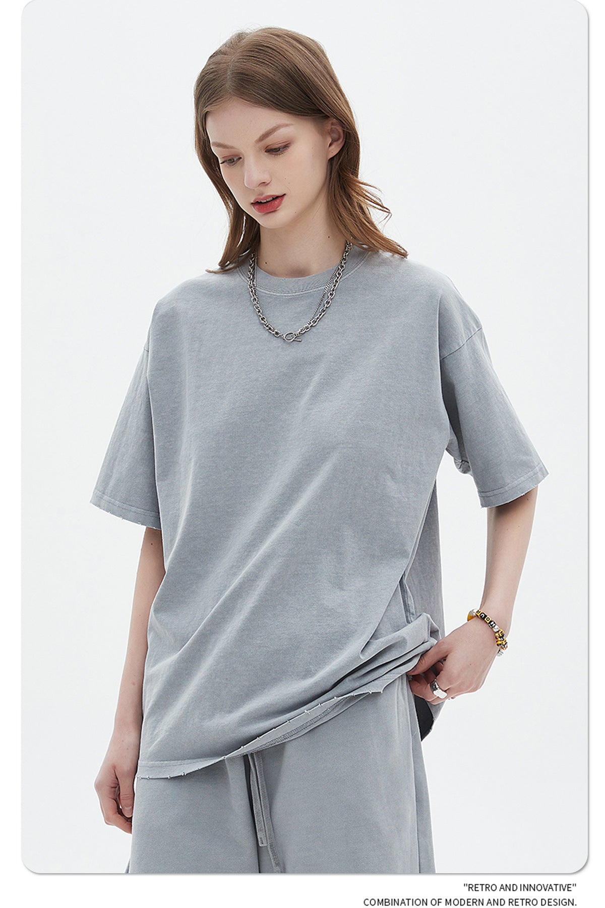 Washed Dyed Oversize Damage Short-sleeve T-shirt & Short Sweatpants Setup WN6630-K