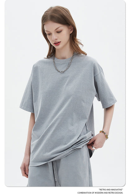 Washed Dyed Oversize Damage Short-sleeve T-shirt & Short Sweatpants Setup WN6630