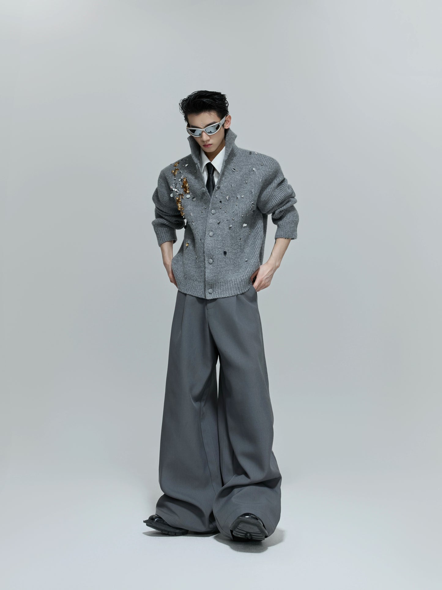 Sequin High-Neck Ribbed Knit Cardigan WN21700