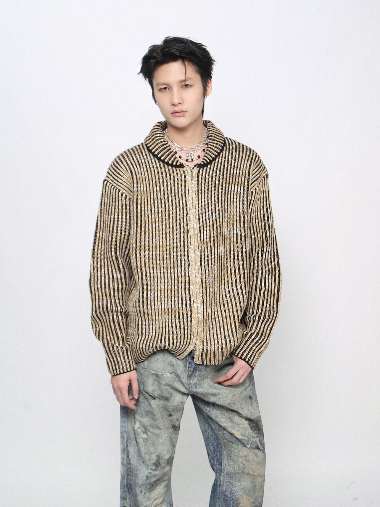 Gradient Stripe Knit Zipper Cardigan WN24467