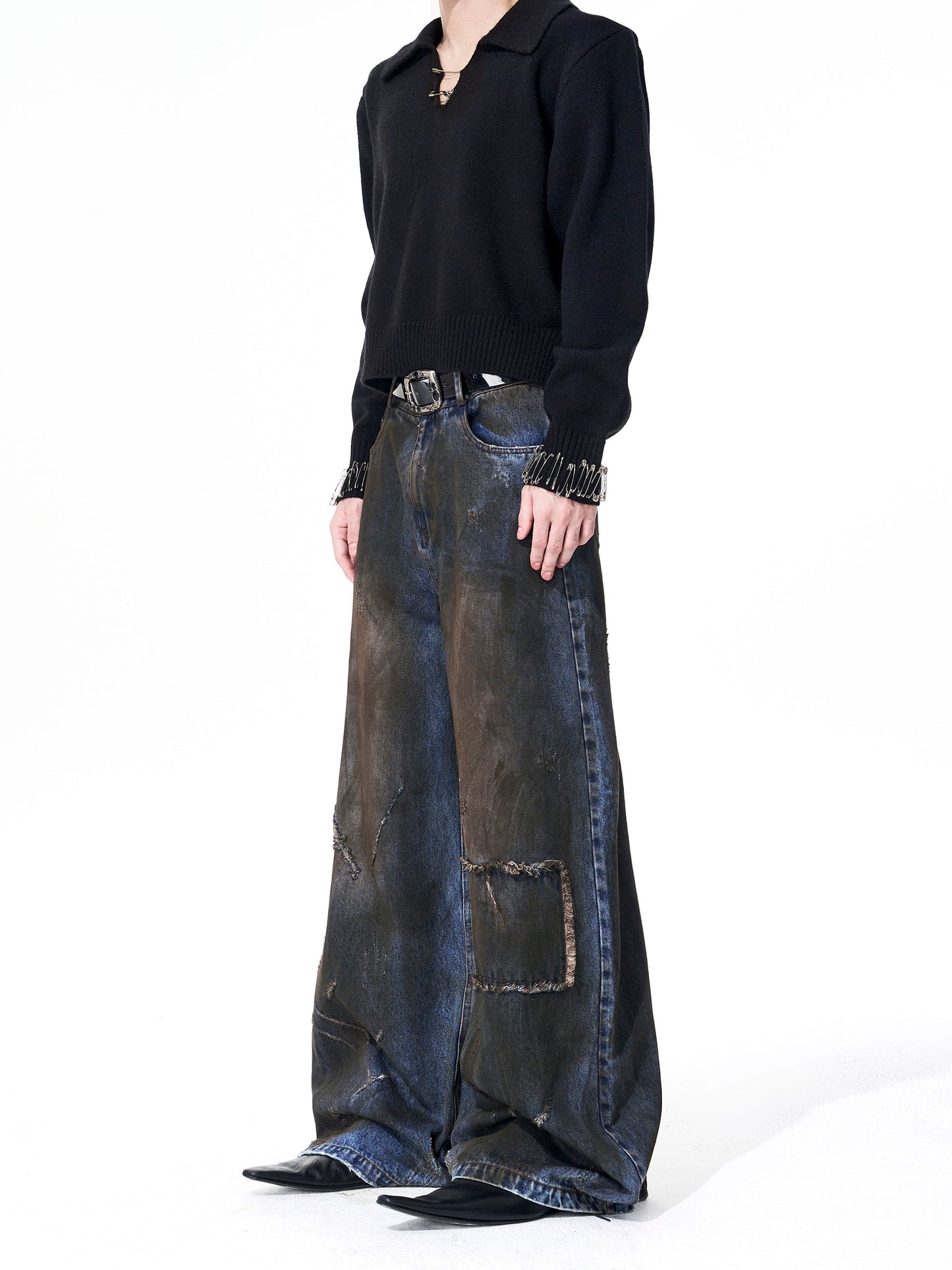 Dyed Damage Wide Leg Denim Jeans WN21843
