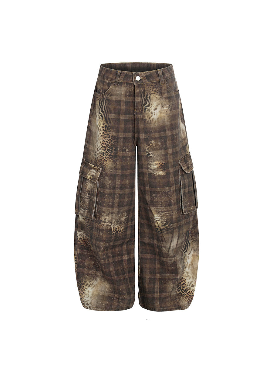 Leopard Plaid Print Curved Cargo Pants WN24198