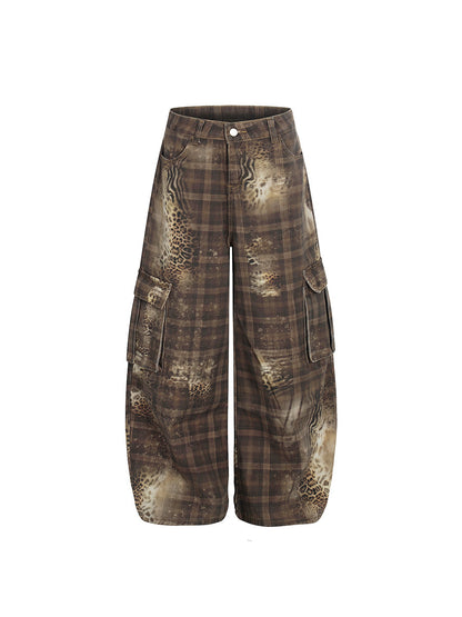 Leopard Plaid Print Curved Cargo Pants WN24198