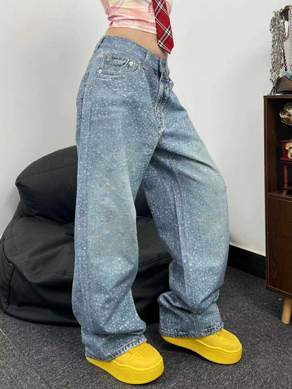 Speckled Paint Washed Wide Leg Denim Jeans WN24047