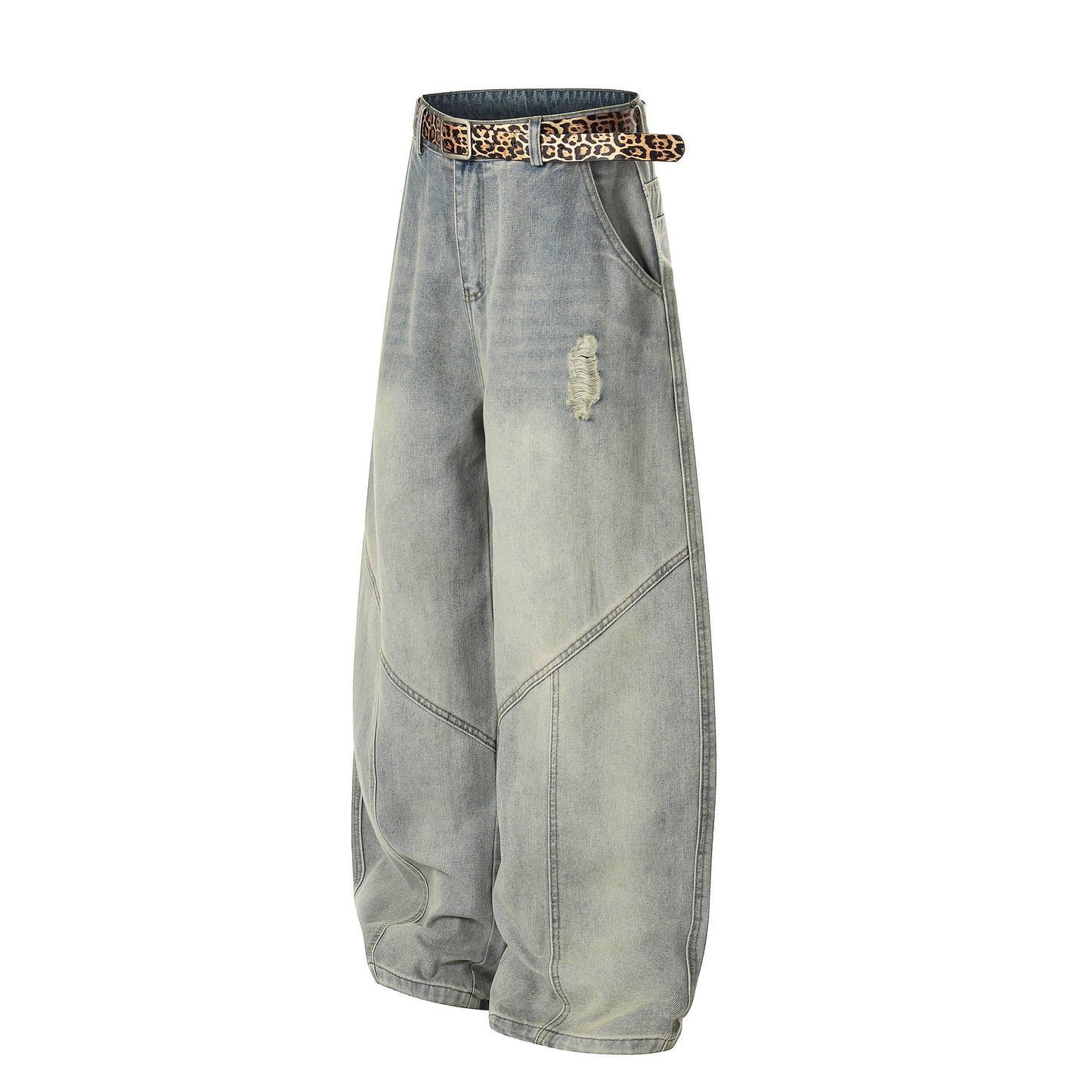 Washed Damage Panel Curved Denim Jeans WN25530