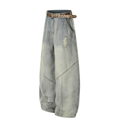 Washed Damage Panel Curved Denim Jeans WN25530