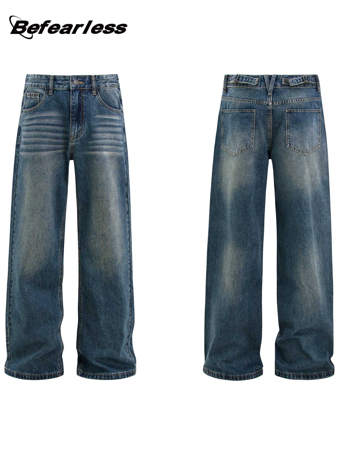 Washed Whisker Adjustable Waist Straight Denim Jeans WN26284