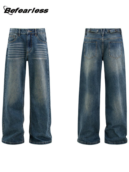 Washed Whisker Adjustable Waist Straight Denim Jeans WN26284