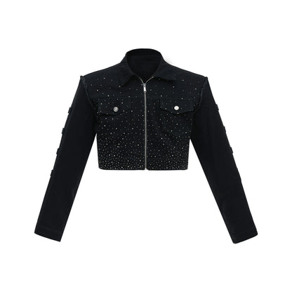 Shoulder Pad Rhinestone Cropped Zipper Denim Jacket WN7479