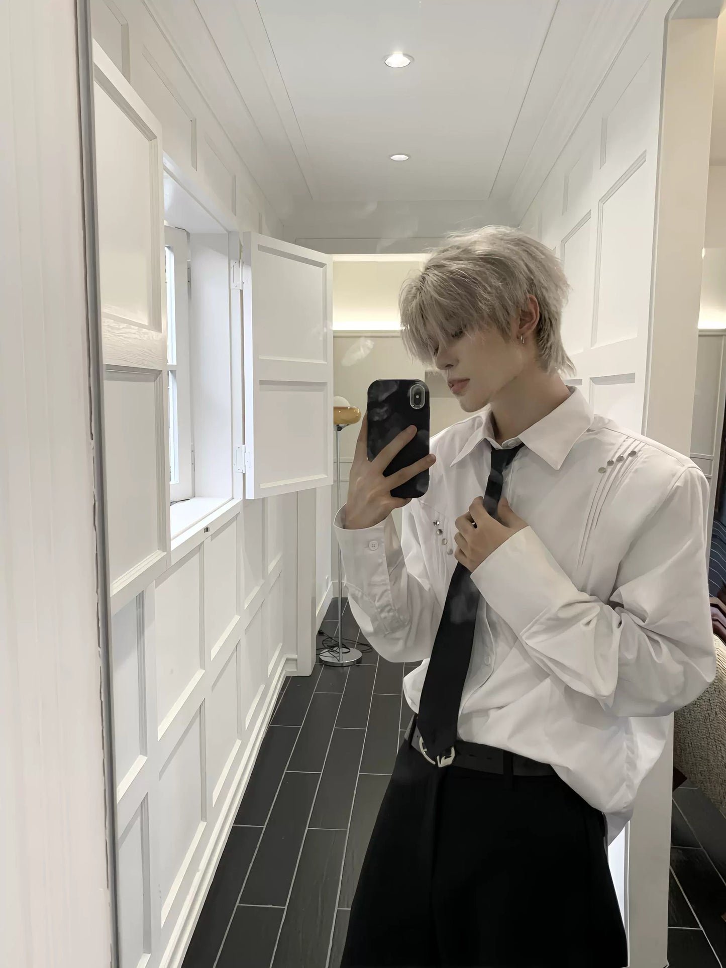 Metal Studs Shoulder-Pad Pleats Long Sleeve Shirt & Tie WN19807